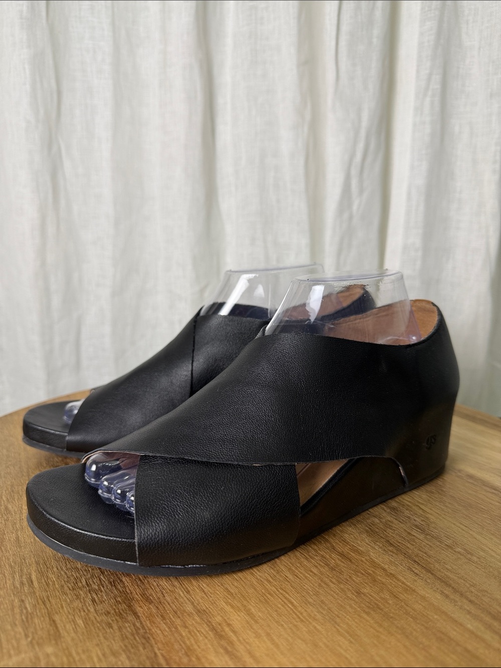 gentle souls Black Leather Open-Toe Wedge Sandals